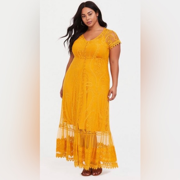 torrid Dresses & Skirts - NWT Torrid Yellow Lace Maxi Dress Button Front Crochet Lined Slip Embroidered